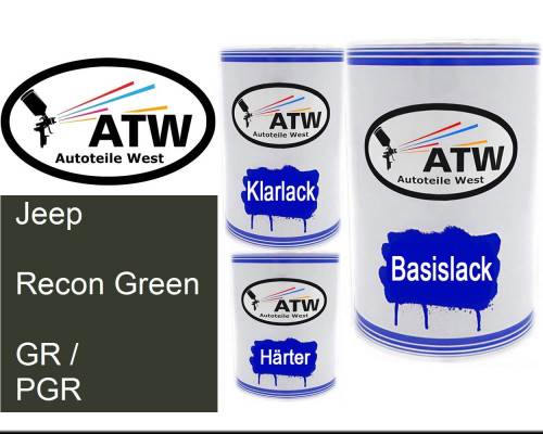 Jeep, Recon Green, GR / PGR: 500ml Lackdose + 500ml Klarlack + 250ml Härter - Set, von ATW Autoteile West.
